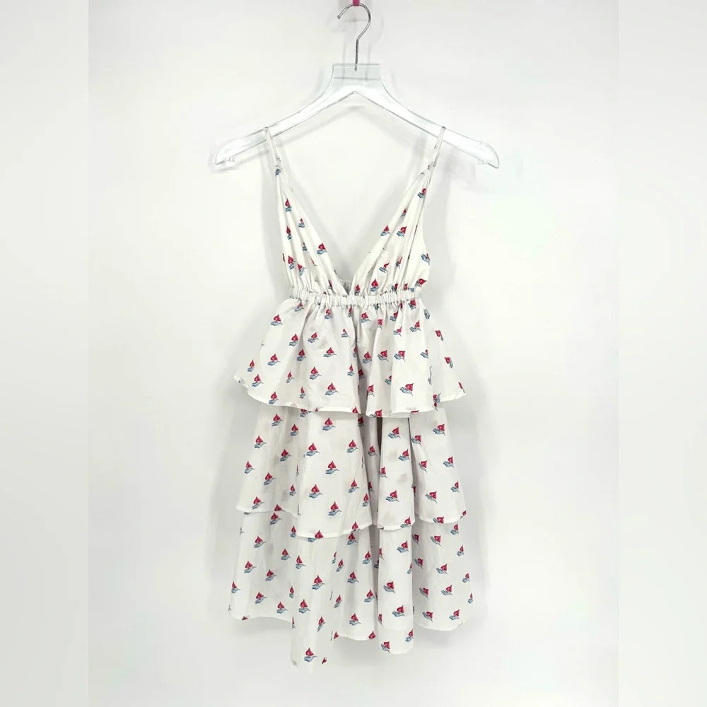 Hill House The Gigi Mini Tiered Ruffle Dress XS Love Boats Cotton White Summer - Picture 2 of 11